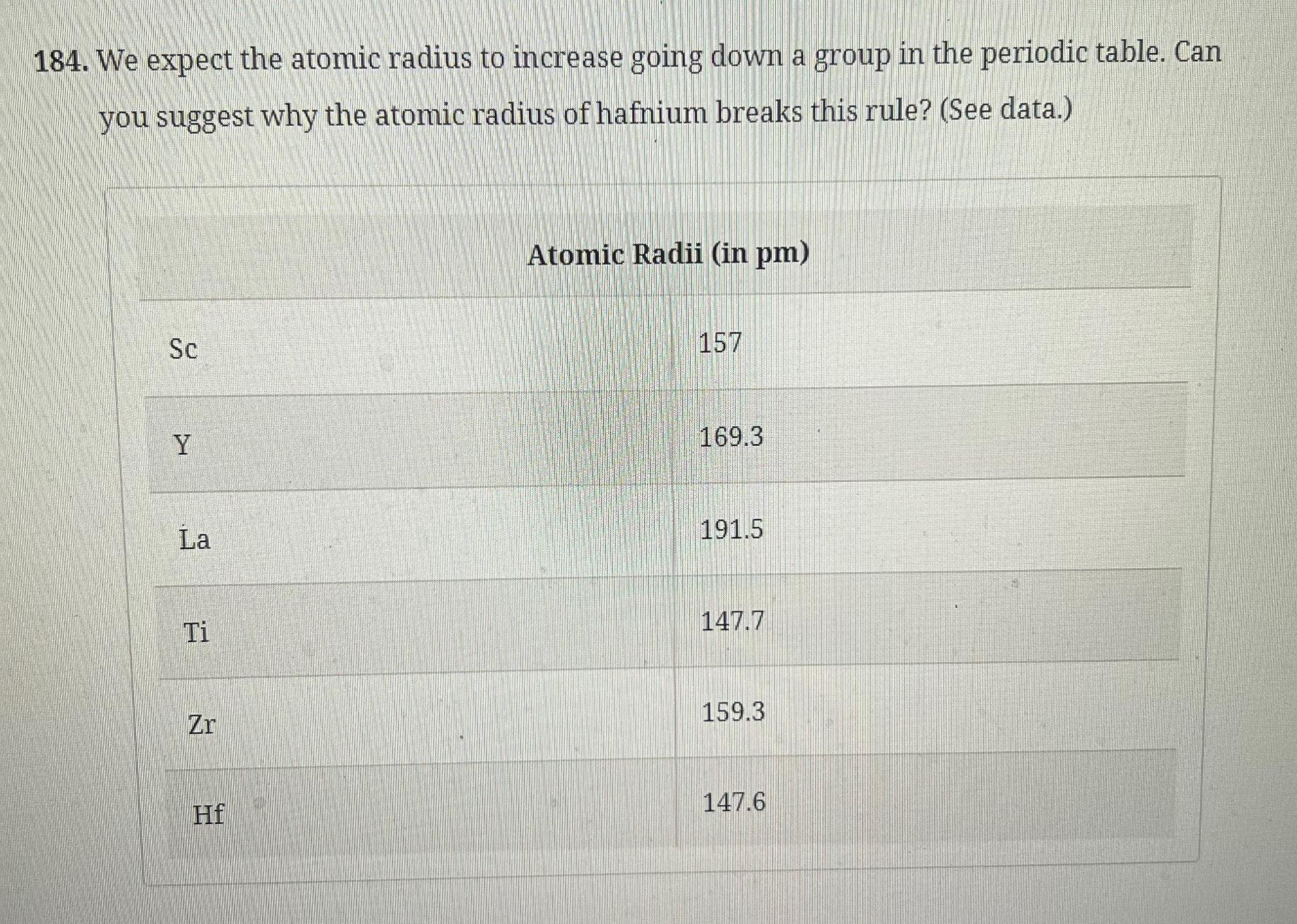 Solved We expect the atomic radius to increase going down a | Chegg.com