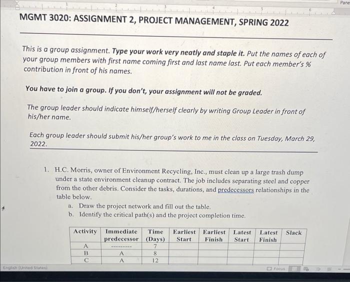 Solved Pane MGMT 3020: ASSIGNMENT 2, PROJECT MANAGEMENT, | Chegg.com
