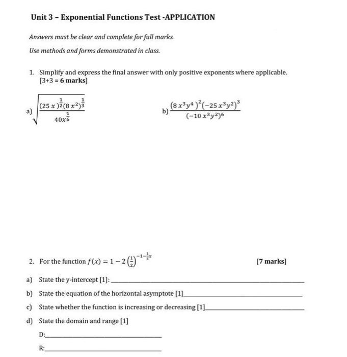 Solved Unit 3 - Exponential Functions Test -APPLICATION | Chegg.com