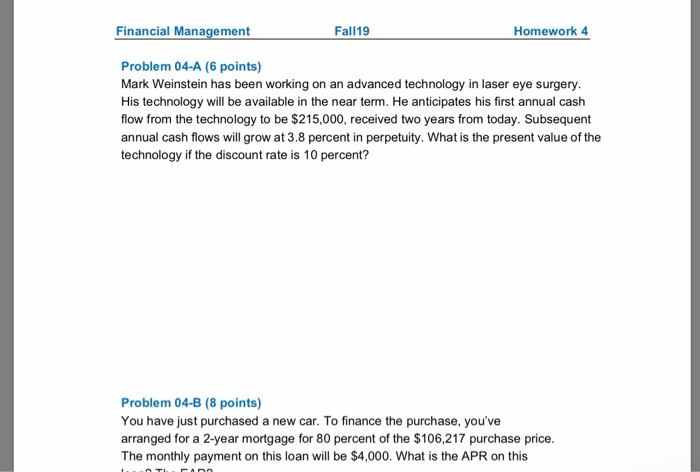Solved Financial Management Fall19 Homework 4 Problem 04-A | Chegg.com