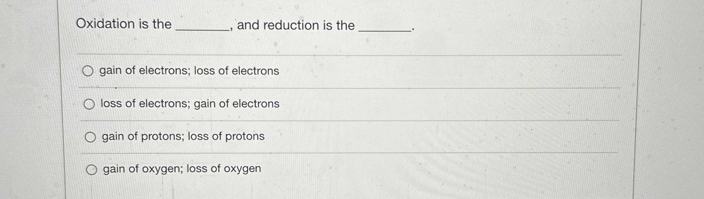 Solved Oxidation is the ﻿and reduction is the gain of | Chegg.com