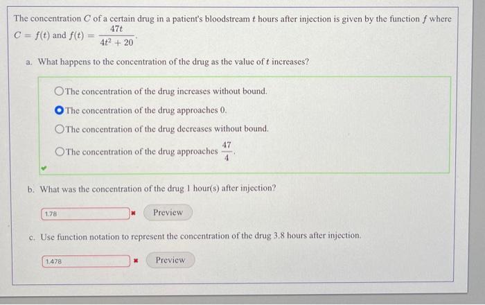 Solved The concentration C of a certain drug in a patient's | Chegg.com