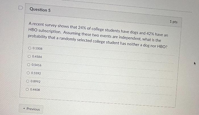 Solved D Question 5 1 pts A recent survey shows that 24% of | Chegg.com