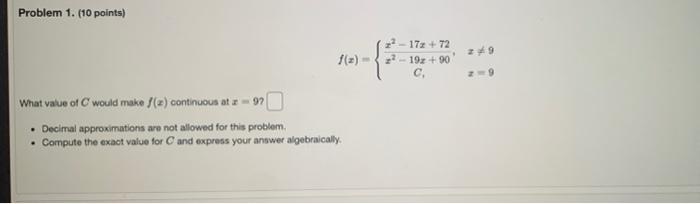 Solved Problem 1. (10 points) . 29 1() 17x + 72 192 +90 C | Chegg.com