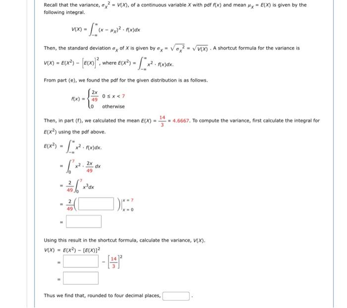 Solved Recall that the variance, σX2=V(X), of a continuous | Chegg.com