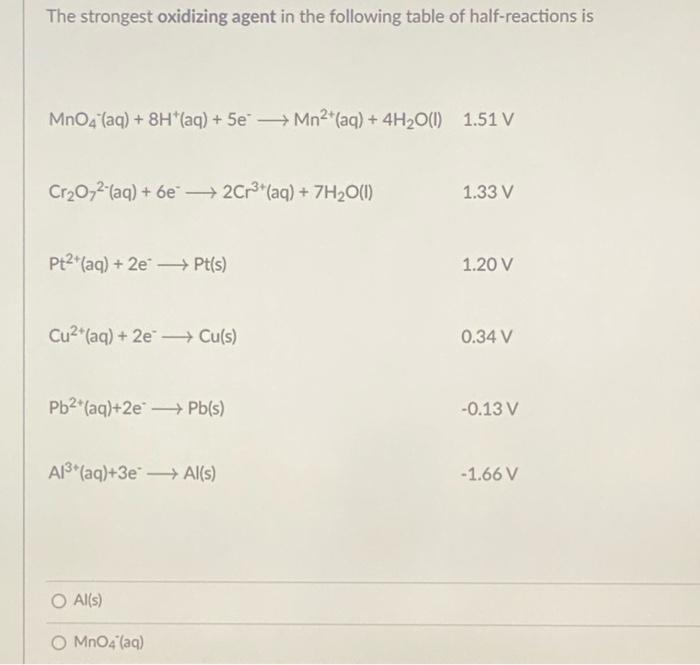 Solved The strongest oxidizing agent in the following table | Chegg.com