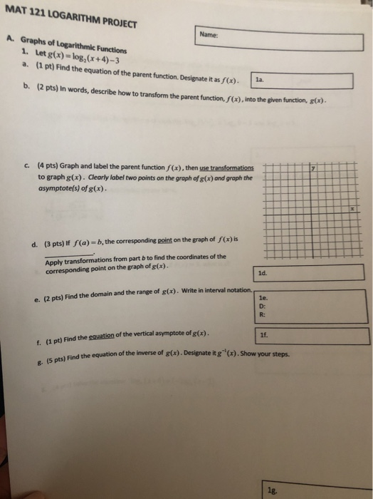 Solved MAT 121 LOGARITHM PROJECT A. Graphs of Logarithmic