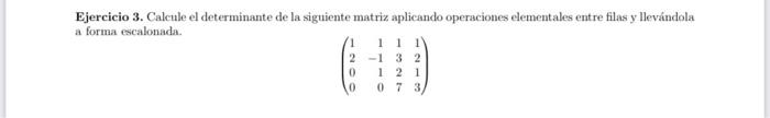 Ejercicio 3. Calcule el determinante de la siguiente matriz aplicando operaciones elementales entre filas y llevándola a form