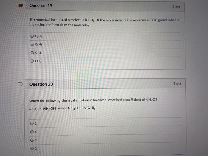 Solved Question 19 3 pts The empirical formula of a molecule | Chegg.com
