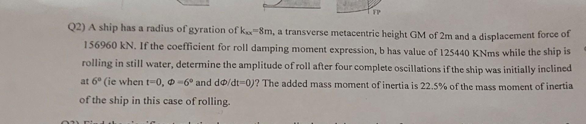 Solved FP Q2) A ship has a radius of gyration of kxx=8m, a | Chegg.com