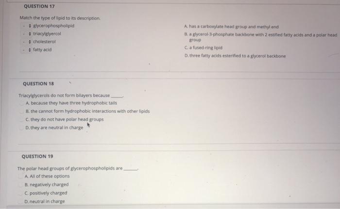 Solved QUESTION 17 Match the type of lipid to its | Chegg.com