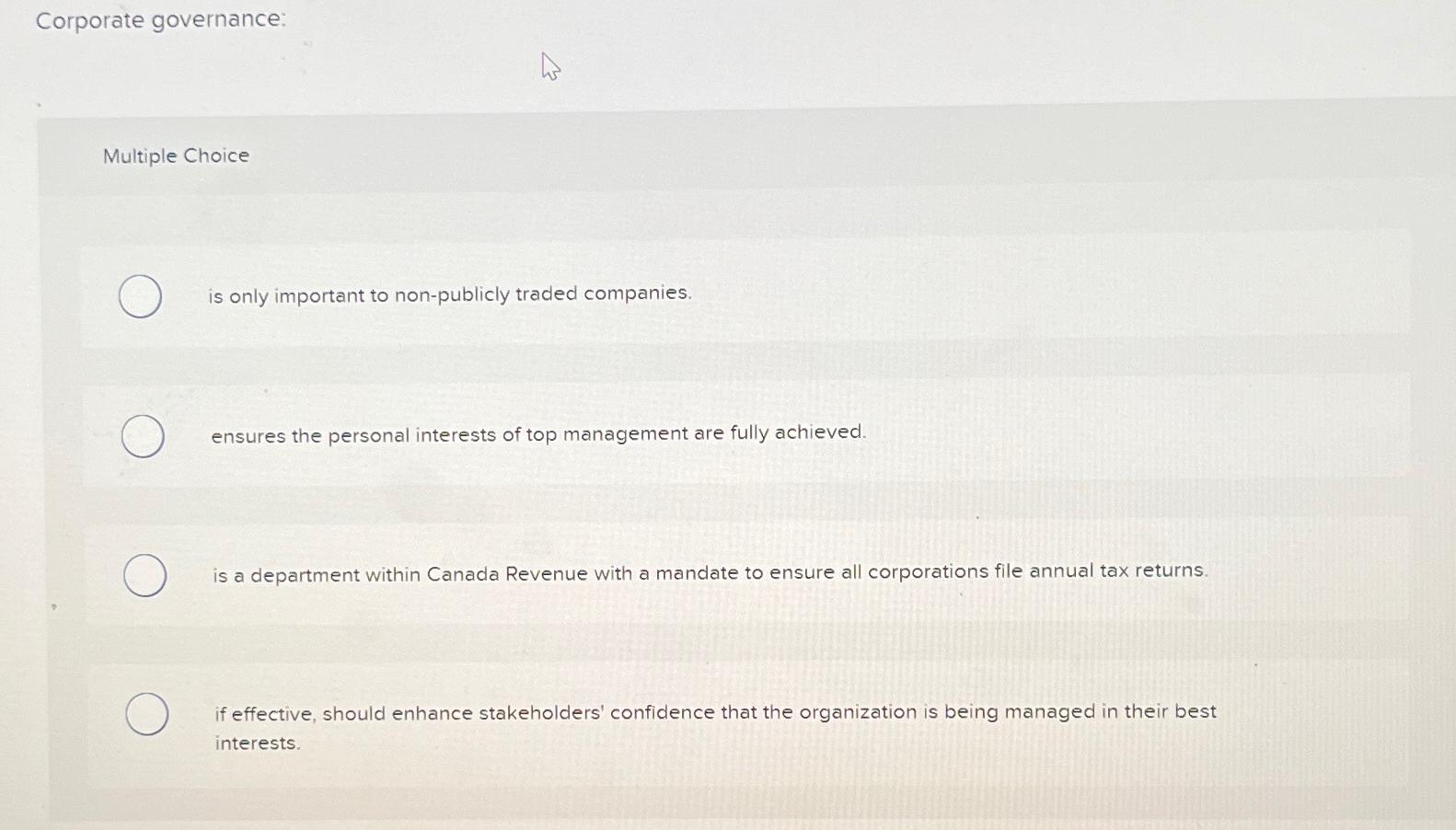 Solved Corporate governanceMultiple Choiceis only important