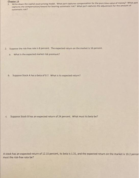 Solved Chapter 13 1. Write down the capital asset pricing | Chegg.com