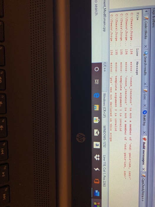 Logs & others A Code::Blocks Search results Cccc Buld log Build messages X CppCheck/Vera++ File Line Message C:UsersJorge.