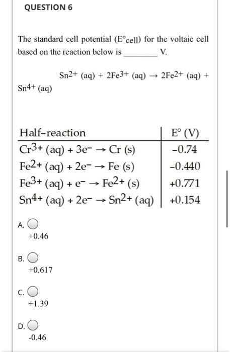 Solved QUESTION 5 The standard cell potential (Eºcell ) for | Chegg.com