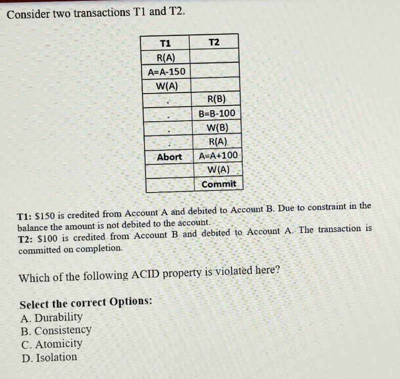 Solved Consider Two Transactions T1 And T2. T1: $150 Is | Chegg.com