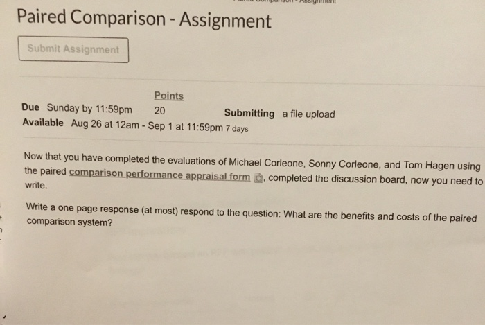 Paired Assignment Solved Paired Comparison - Assignment Submit Assignment | Chegg.com