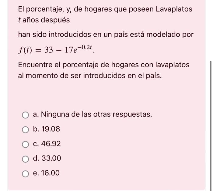 El porcentaje, y, de hogares que poseen Lavaplatos \( t \) años después han sido introducidos en un país está modelado por \(