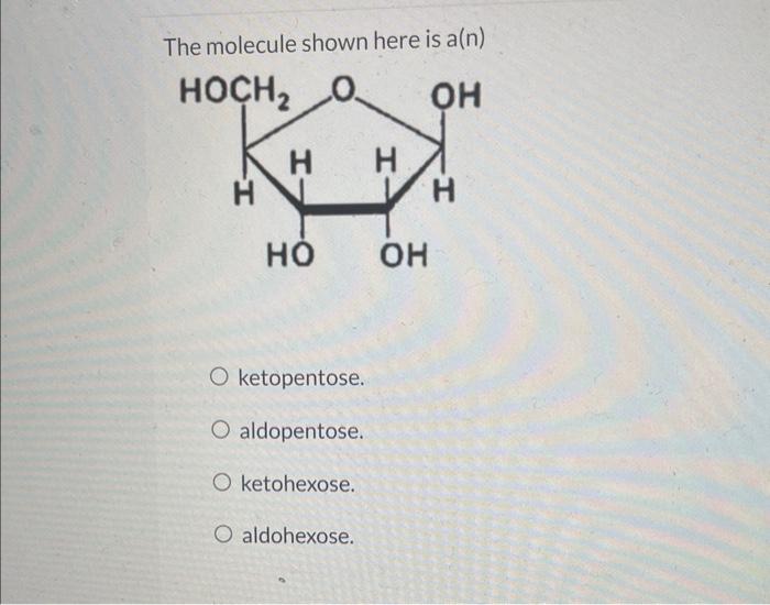 The molecule shown here is a(n)
ketopentose.
aldopentose.
ketohexose.
aldohexose.