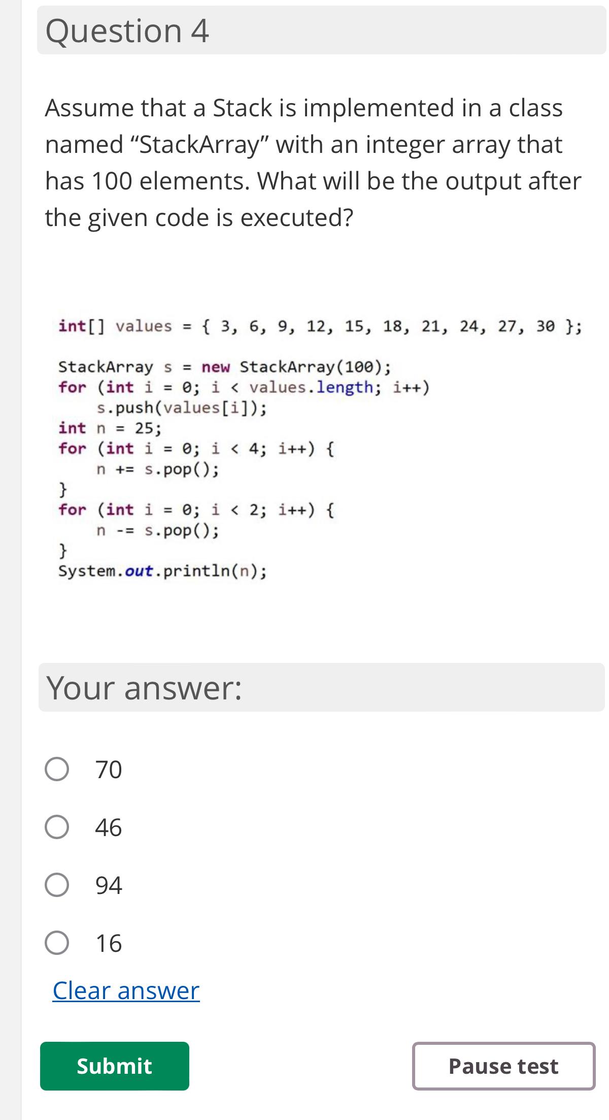 Solved Question 4Assume That A Stack Is Implemented In A | Chegg.com