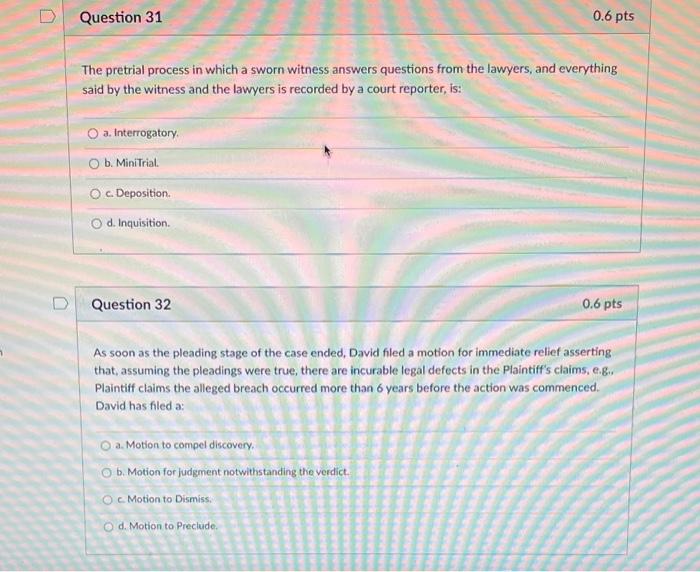 Solved Question 25 0.6 pts A Plaintiff files a lawsuit | Chegg.com