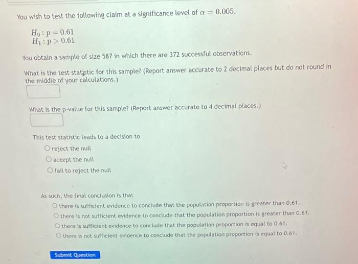 Solved You wish to test the following claim at a | Chegg.com