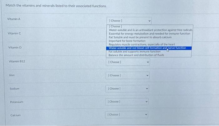 Solved Match The Vitamins And Minerals Listed To Their | Chegg.com