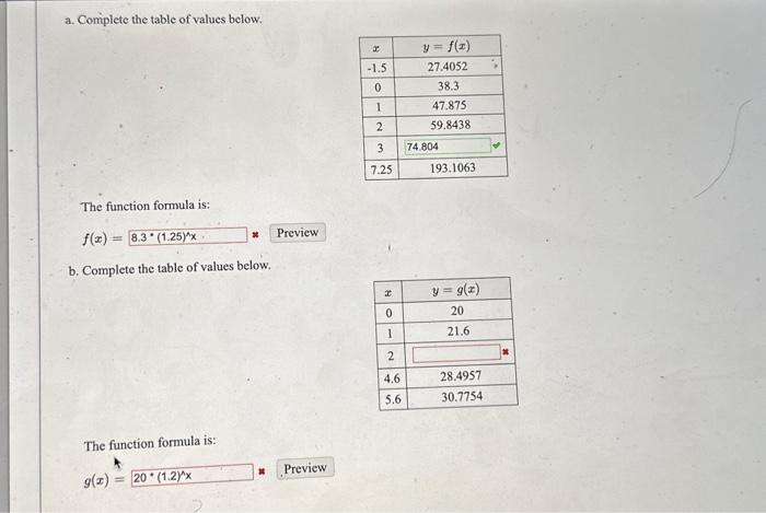 complete the table of values for the function