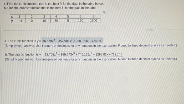Solved a. Find the cubic function that is the best fit for | Chegg.com