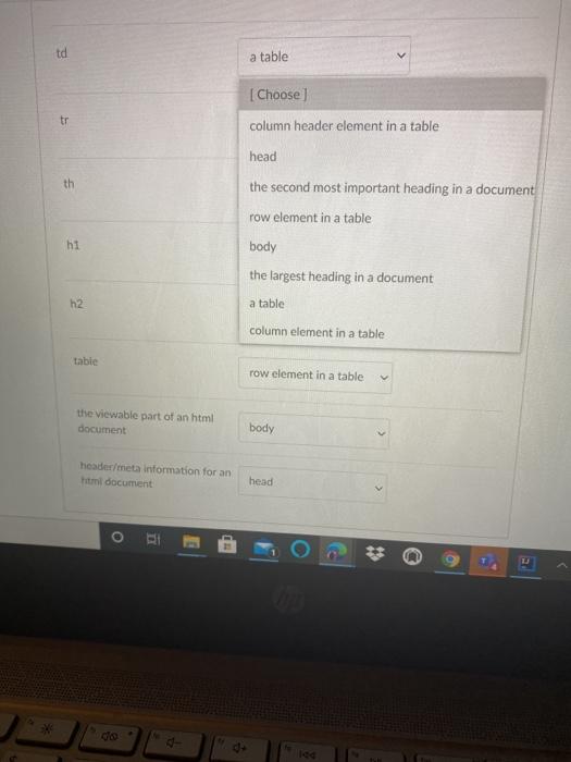 Solved td a table [Choose tr column header element in a | Chegg.com