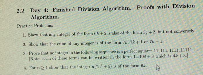 Solved 2.2 Day 4: Finished Division Algorithm. Proofs with | Chegg.com