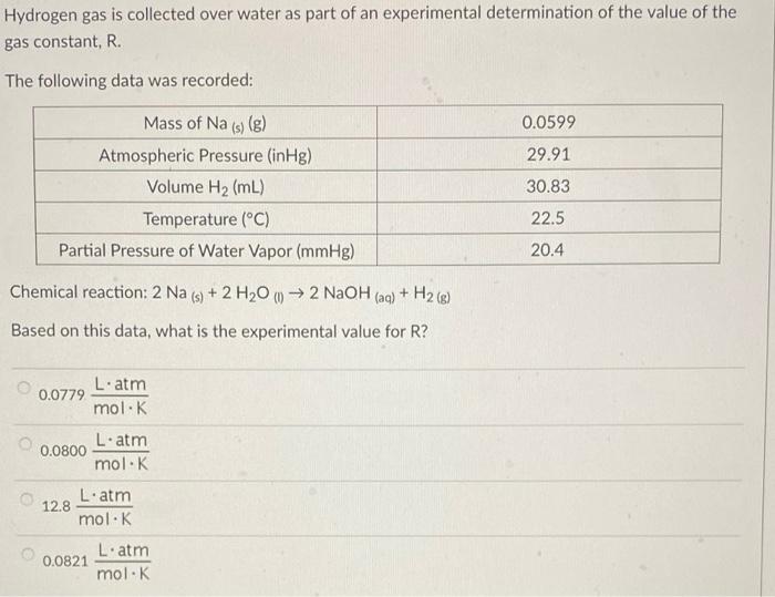 in a laboratory experiment h2 is collected over water