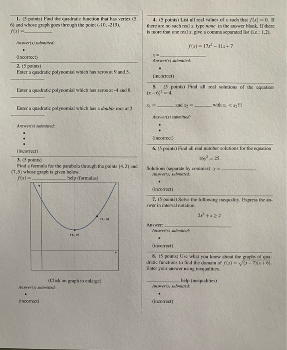 Solved 1. (5 points) Find the quadratic function that has | Chegg.com