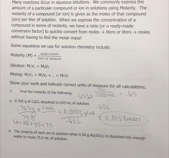 Solved Many reactions occur in aqueous solutions. We | Chegg.com