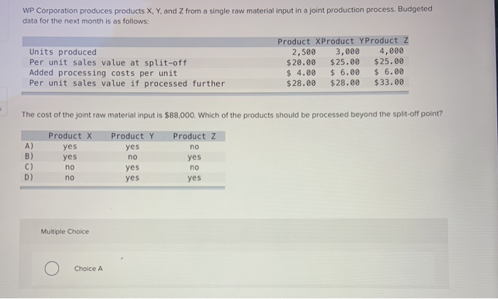 Solved WP Corporation Produces Products X, Y, And Z From A | Chegg.com