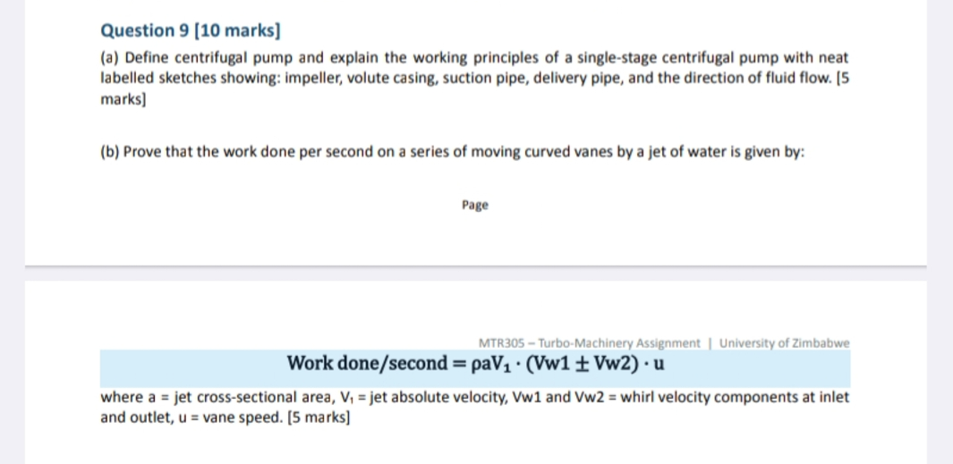 Solved Question 9 [10 ﻿marks](a) ﻿Define centrifugal pump | Chegg.com