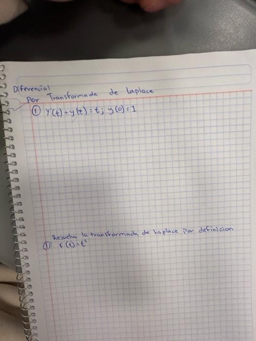 Diferencial por Transformada de laplace (1) \( y^{\prime}(t)+y(t): t ; y(0)=1 \) Resuelua la transformada de Laplace por defi