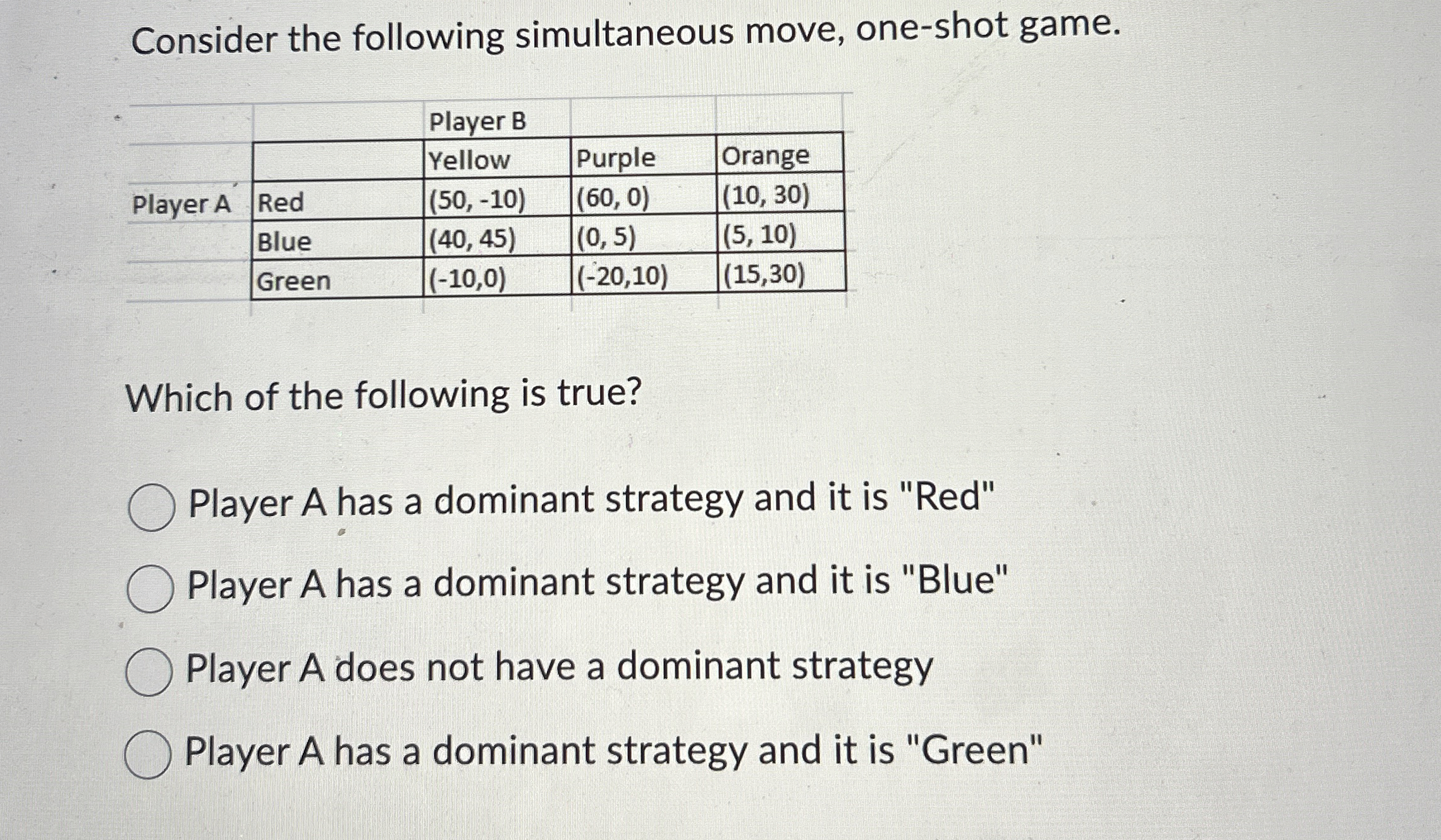 Consider the following simultaneous move, one-shot | Chegg.com