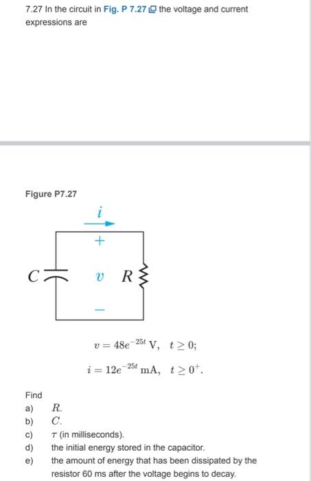Solved 7.27 In the circuit in Fig. P 7.27 the voltage and | Chegg.com