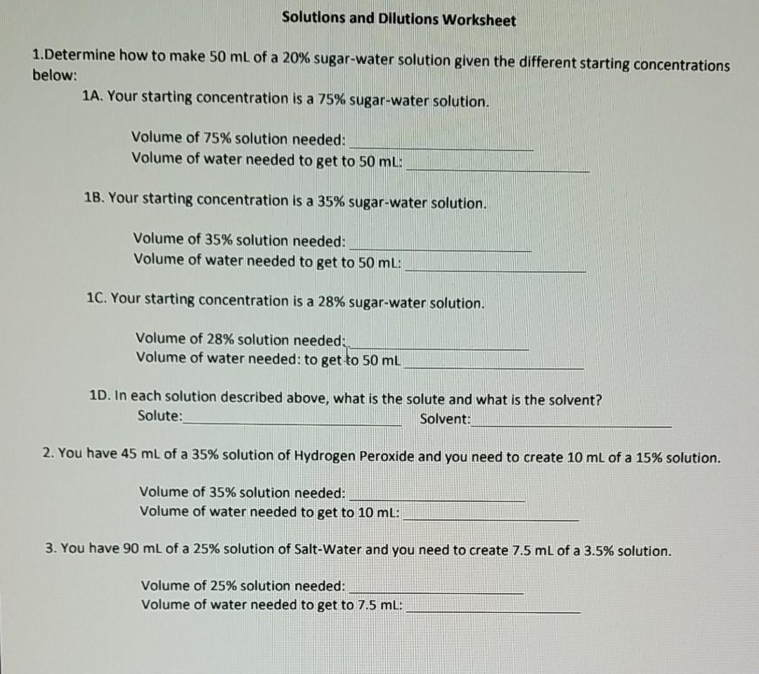 Solved Solutions And Dilutions Worksheet 1 Determine How Chegg Com