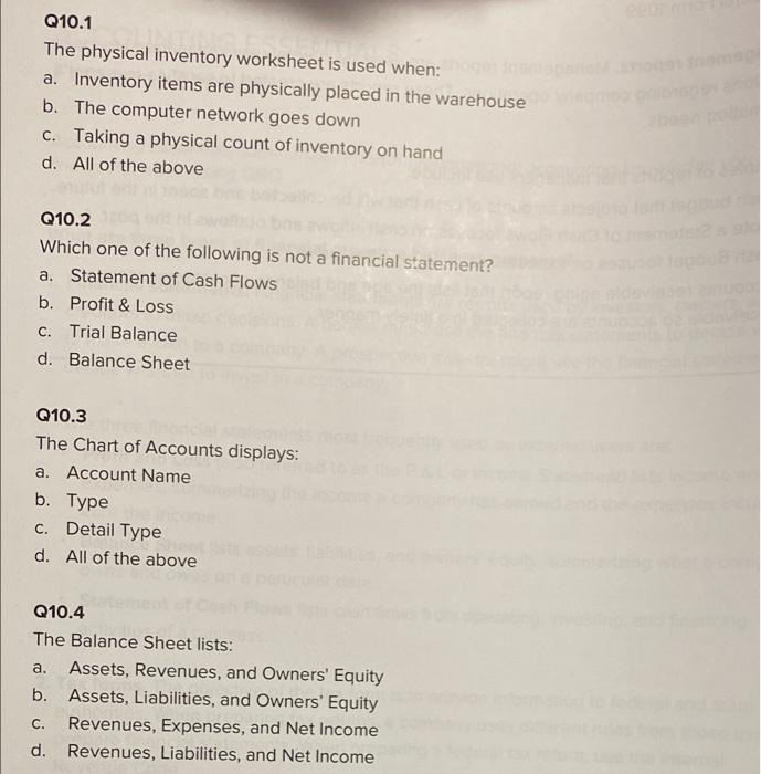 Solved Q10.1 The physical inventory worksheet is used when: | Chegg.com