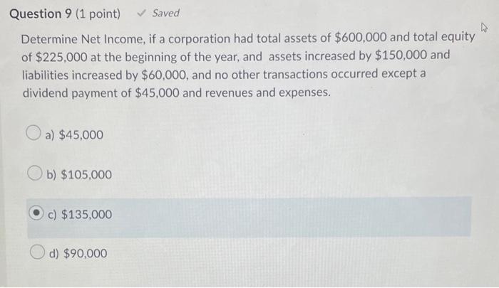 Solved Question 9 (1 point) Saved Determine Net Income, if a | Chegg.com