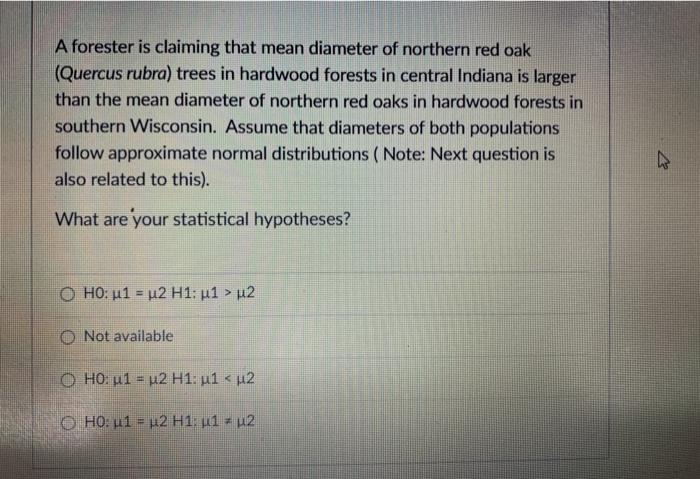 Solved A forester is claiming that mean diameter of northern | Chegg.com