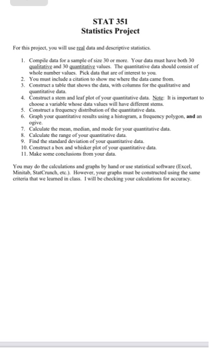 Solved STAT 351 Statistics Project For this project, you | Chegg.com
