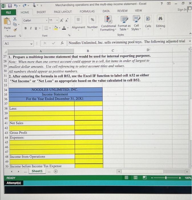 Solved Preparing a Multi-Step Income Statement using Excel's | Chegg.com
