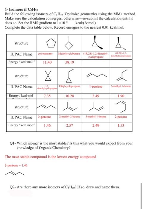 4- Isomers if \( \mathrm{C}_{5} \mathrm{H}_{10} \)
Build the following isomers of \( \mathrm{C}_{5} \mathrm{H}_{10} \). Optim