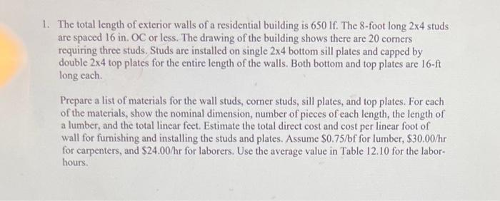 1. The total length of exterior walls of a | Chegg.com