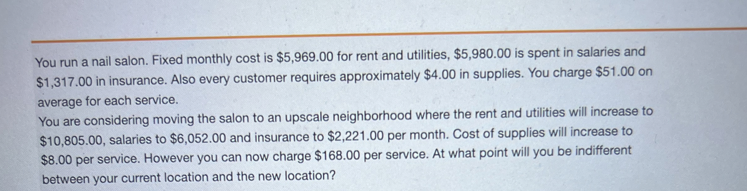 [Solved] You run a nail salon. Fixed monthly cost is 5,9