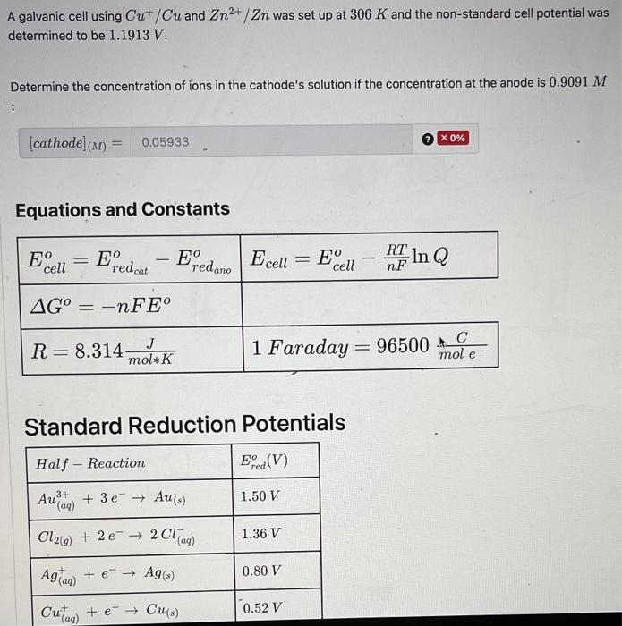 Solved A galvanic cell using Cu+/Cu and Z2+/Zn was set up at | Chegg.com