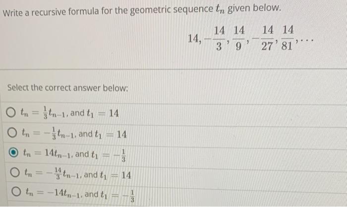 Solved Write a recursive formula for the geometric sequence | Chegg.com